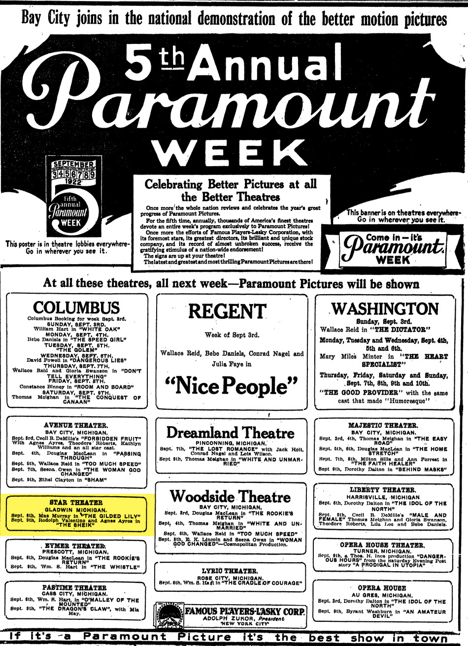 Star Theatre - Sept 1922 Nice Listing Of Old Theaters